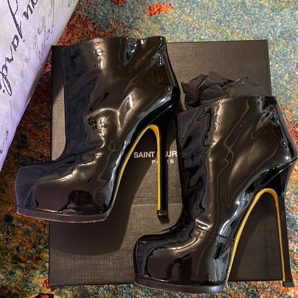 YSL AUTHENTIC Boots black patent high heeled booties with yellow soles! - Picture 8 of 13